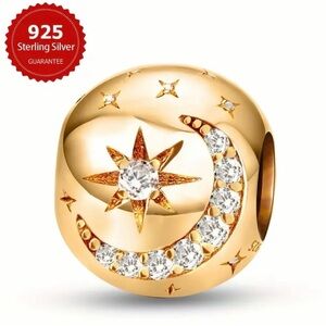 New! 925 Sterling Silver Gold Moon & Stars Cubic Zirconia Charm Bead w Gift Bag